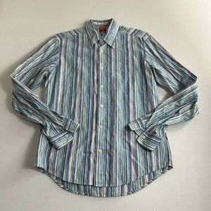 Hugo Boss Orange Label Shirt Mens Size Medium Blue Striped Button Up Long Sleeve
